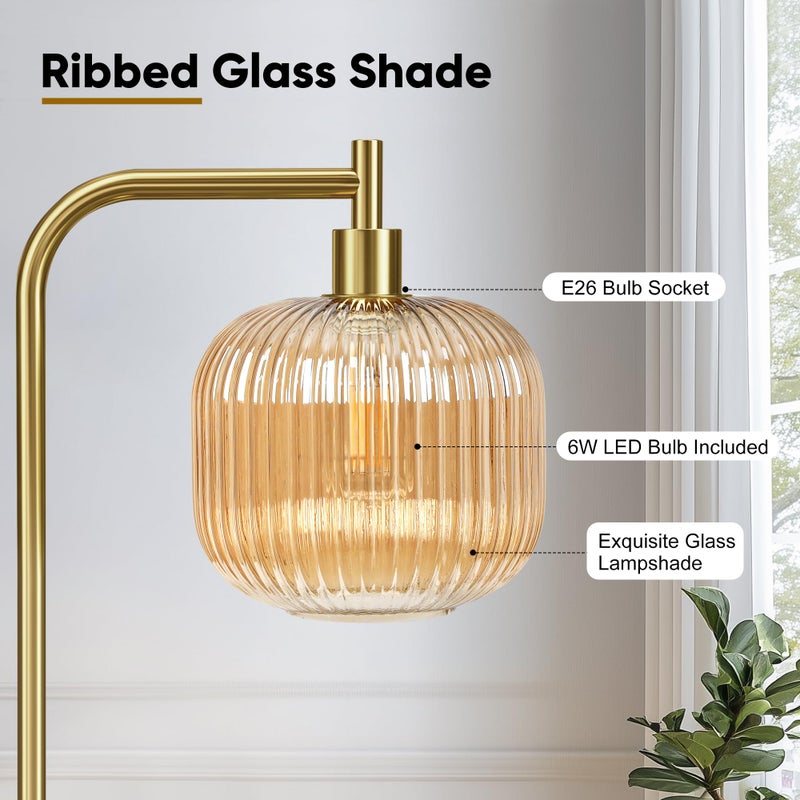 QiMH Glass Floor Lamp for Living Room, Modern Standing Lamp with Ribbed Champagne Glass Lampshade Pedal Switch, 67â€ Tall Lamp for Bedroom Study Room, Brushed Gold (2700K LED Bulb Included) - Image 4
