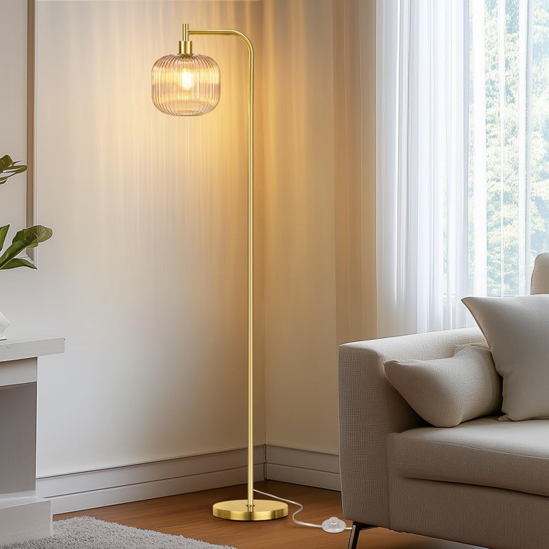 QiMH Glass Floor Lamp for Living Room, Modern Standing Lamp with Ribbed Champagne Glass Lampshade Pedal Switch, 67â€ Tall Lamp for Bedroom Study Room, Brushed Gold (2700K LED Bulb Included) - Image 2