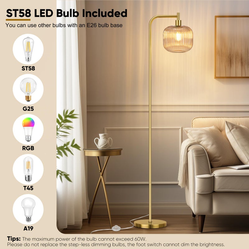 QiMH Glass Floor Lamp for Living Room, Modern Standing Lamp with Ribbed Champagne Glass Lampshade Pedal Switch, 67â€ Tall Lamp for Bedroom Study Room, Brushed Gold (2700K LED Bulb Included) - Image 3