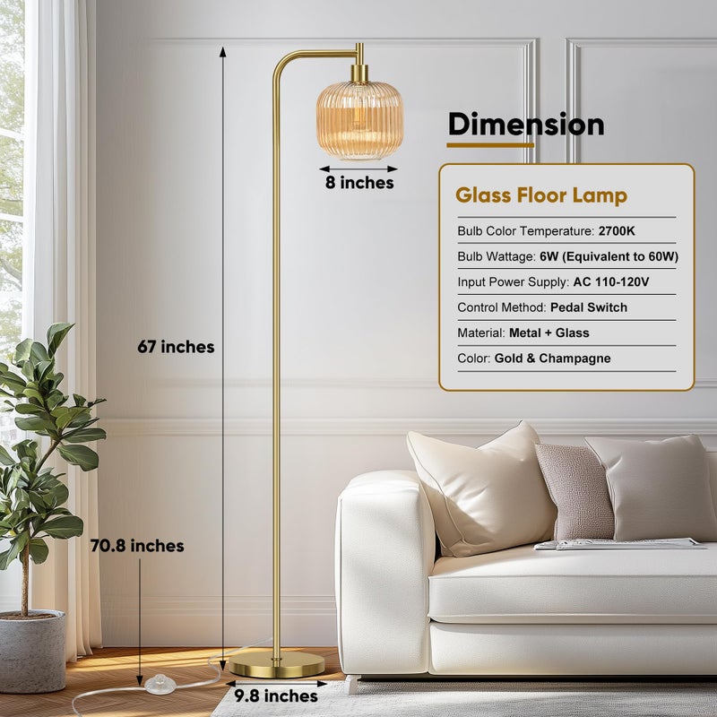 QiMH Glass Floor Lamp for Living Room, Modern Standing Lamp with Ribbed Champagne Glass Lampshade Pedal Switch, 67â€ Tall Lamp for Bedroom Study Room, Brushed Gold (2700K LED Bulb Included) - Image 5