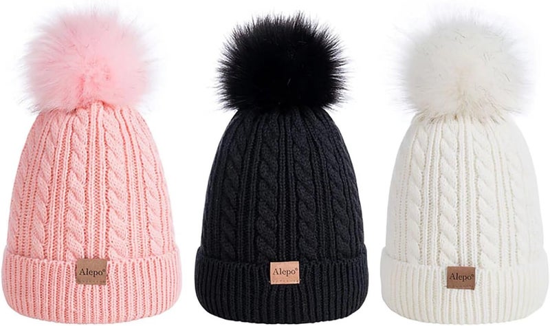 Alepo Kids Winter Beanie Hat, Children's Warm Fleece Lined Knit Thick Ski Cap with Pom Pom for Boys Girls - Image 1