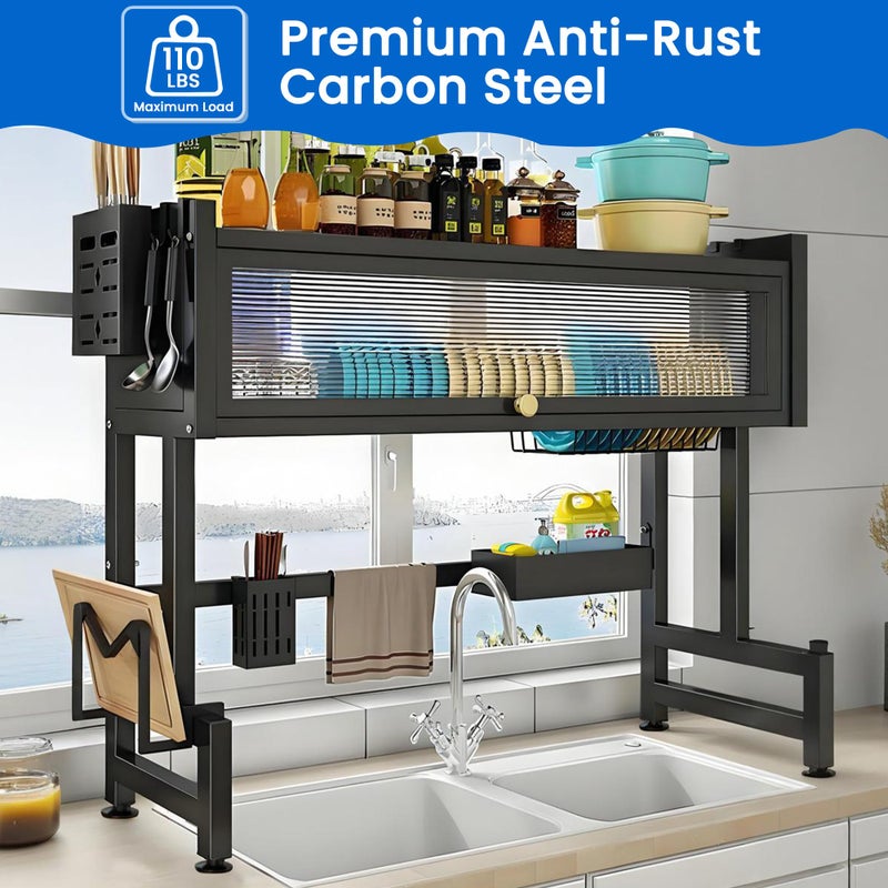 ASIEIT Dish Drying Rack, 3-Tier Over The Sink Dish Drying Rack, 33.5" Over Sink Dish Rack for Small Kitchen, Space-Saving Dish Rack with Cover, Baskets, Utensil, Large Sink Storage Organizer Black - Image 2