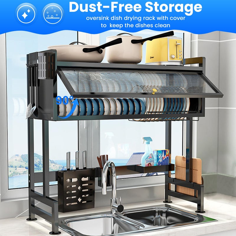 ASIEIT Dish Drying Rack, 3-Tier Over The Sink Dish Drying Rack, 33.5" Over Sink Dish Rack for Small Kitchen, Space-Saving Dish Rack with Cover, Baskets, Utensil, Large Sink Storage Organizer Black - Image 4