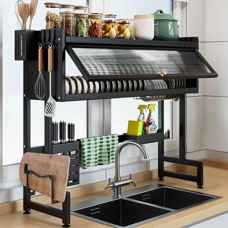 ASIEIT Dish Drying Rack, 3-Tier Over The Sink Dish Drying Rack, 33.5" Over Sink Dish Rack for Small Kitchen, Space-Saving Dish Rack with Cover, Baskets, Utensil, Large Sink Storage Organizer Black - Image 1