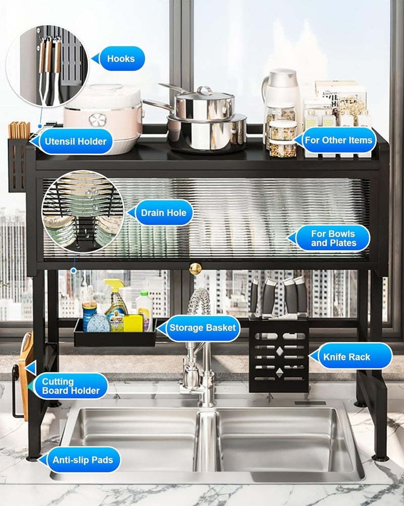 ASIEIT Dish Drying Rack, 3-Tier Over The Sink Dish Drying Rack, 33.5" Over Sink Dish Rack for Small Kitchen, Space-Saving Dish Rack with Cover, Baskets, Utensil, Large Sink Storage Organizer Black - Image 5