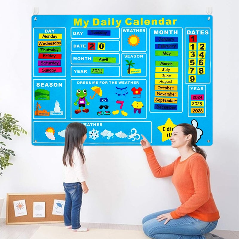 WATINC My First Daily Calendar Felt-Board for Kids 3.5Ft 70Pcs All About Today Funky Frog Weather Season Chart Days of The Week Circle Time Bulletin Board Preschool Early Learning Play Kit for Wall - Image 4