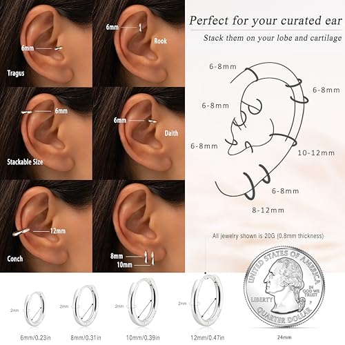 Gokeey Silver Hoop Earrings for Women, Sterling Silver Small Hoop Earrings for Multiple Piercings, Hypoallergenic Huggie Earrings Cartilage Pirecing Jewelry 4 Pair - Image 4
