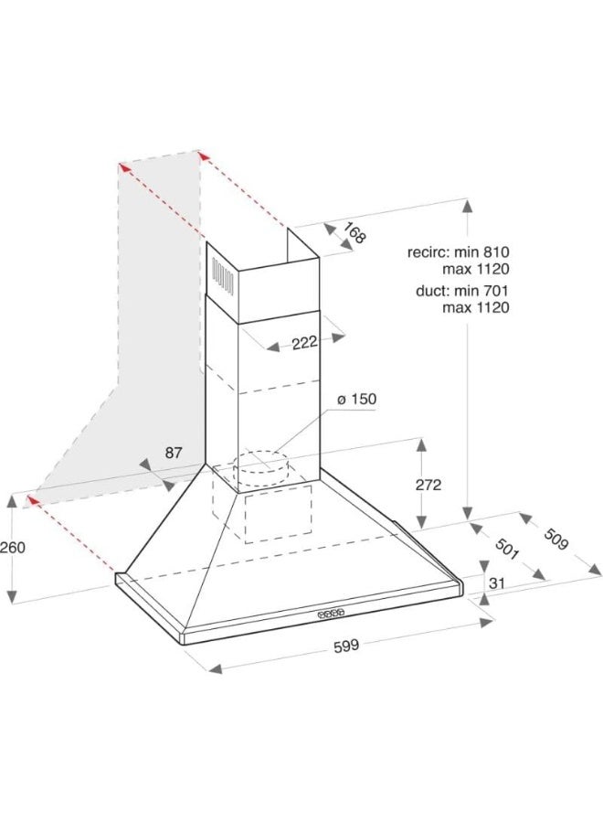 أريستون Ariston Free-Standing Wall Mounted Chimney Cooker Hood â€“ 3 Speeds â€“ Inox Wall Fixed AHPN6.4FLMX/1 Steel - Image 2