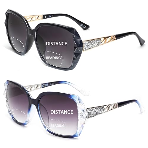 JM 2 Pack Bifocal Reading Sunglasses for Women Fashion Oversized Square Sun Readers Outdoor Reading Glasses UV400 Protection, Black & Clear Blue +1.5 - Image 1
