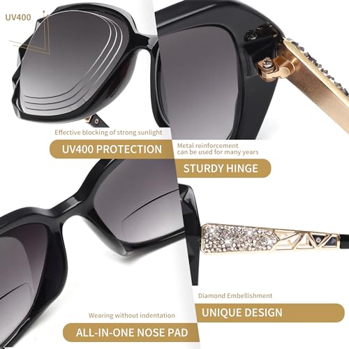 JM 2 Pack Bifocal Reading Sunglasses for Women Fashion Oversized Square Sun Readers Outdoor Reading Glasses UV400 Protection, Black & Clear Blue +1.5 - Image 4