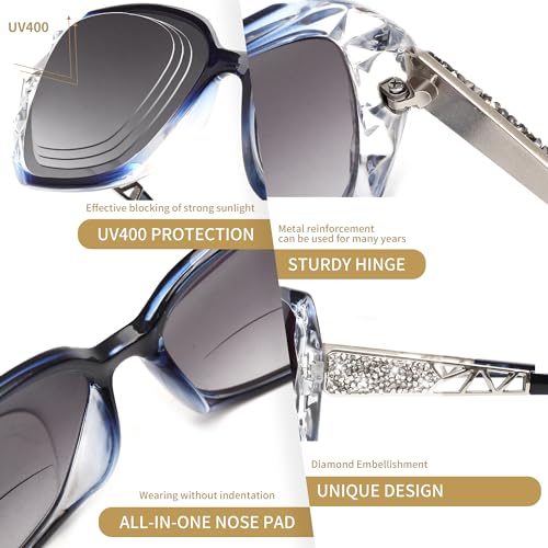 JM 2 Pack Bifocal Reading Sunglasses for Women Fashion Oversized Square Sun Readers Outdoor Reading Glasses UV400 Protection, Black & Clear Blue +1.5 - Image 5