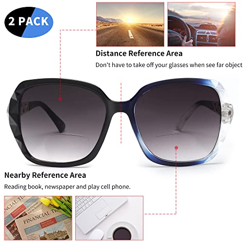 JM 2 Pack Bifocal Reading Sunglasses for Women Fashion Oversized Square Sun Readers Outdoor Reading Glasses UV400 Protection, Black & Clear Blue +1.5 - Image 2