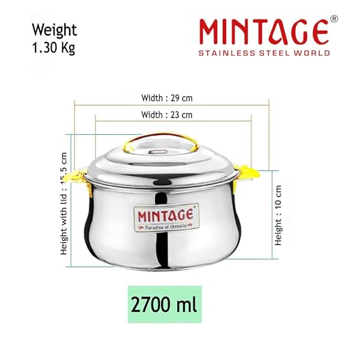 Mintage Casserole For Roti Hot Case | Casserole Set 2700ml |Casseroles Stainless Steel |Dolphin Hot Case Hot Pot/Food Grade | Serving Bowl Rice-Gravy-Curry/Hot Box-Steel Lid |Hot Pot Tiffin Box office - Image 2