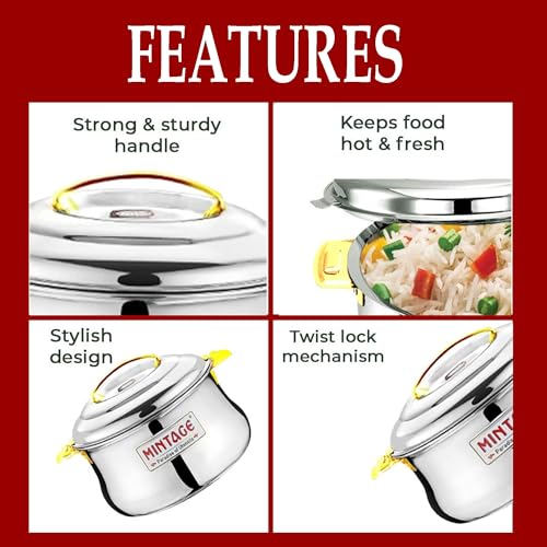 Mintage Casserole For Roti Hot Case | Casserole Set 2700ml |Casseroles Stainless Steel |Dolphin Hot Case Hot Pot/Food Grade | Serving Bowl Rice-Gravy-Curry/Hot Box-Steel Lid |Hot Pot Tiffin Box office - Image 3