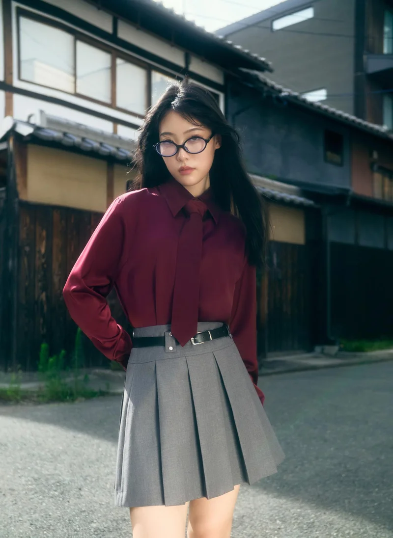 Lichi Mini pleated skirt with eco-leather belt