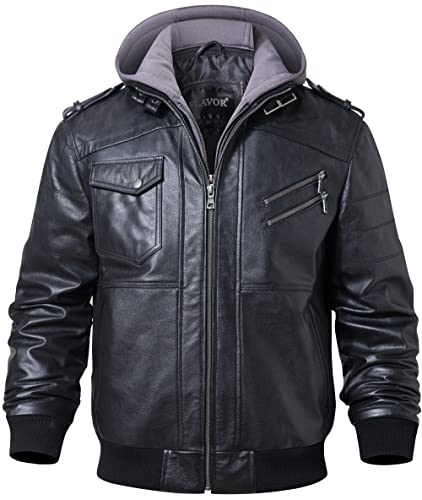 FLAVOR Men Brown Leather Motorcycle Jacket with Removable Hood XLarge Black GrayCowhide - Image 1