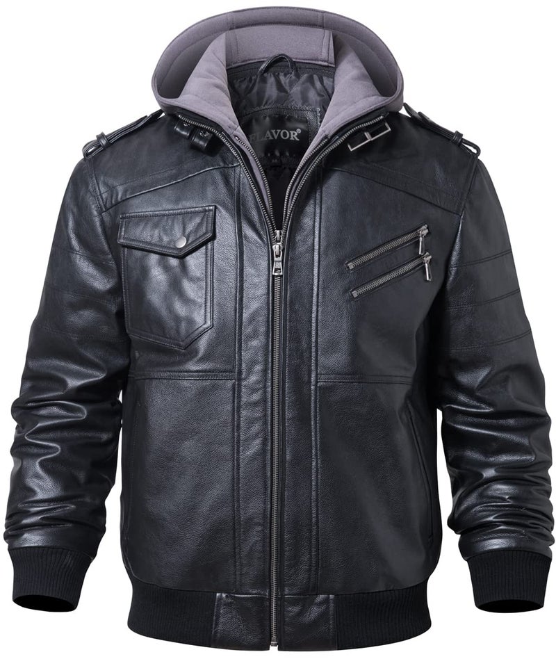 FLAVOR Men Brown Leather Motorcycle Jacket with Removable Hood XLarge Black GrayCowhide - Image 2