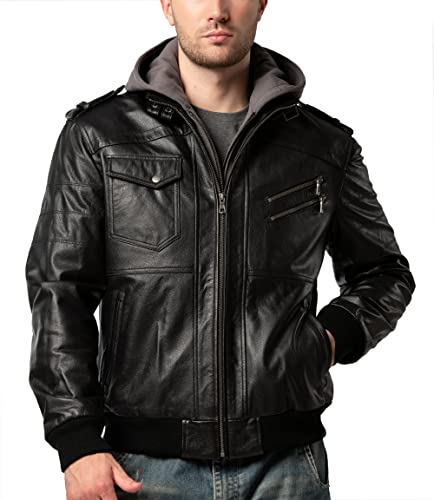 FLAVOR Men Brown Leather Motorcycle Jacket with Removable Hood XLarge Black GrayCowhide - Image 3