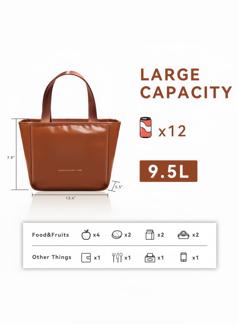 nihao New Large Capacity Insulated Bag Waterproof Insulated Aluminum Foil Portable Lunch Box Lunch Bag Women Insulated Bag - 10L Women Lunch Tote Bag Work, Pu Lunch Bag Cooler Bag - Brown , 31*14*20 CM  - Image 2