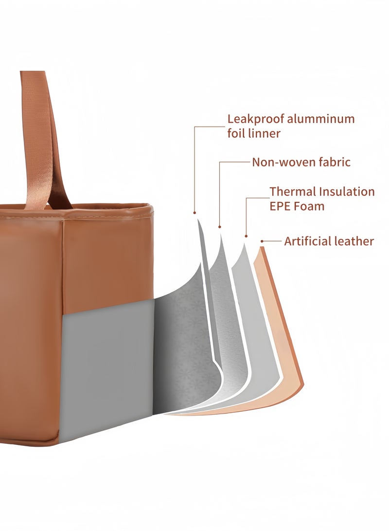 nihao New Large Capacity Insulated Bag Waterproof Insulated Aluminum Foil Portable Lunch Box Lunch Bag Women Insulated Bag - 10L Women Lunch Tote Bag Work, Pu Lunch Bag Cooler Bag - Brown , 31*14*20 CM  - Image 5