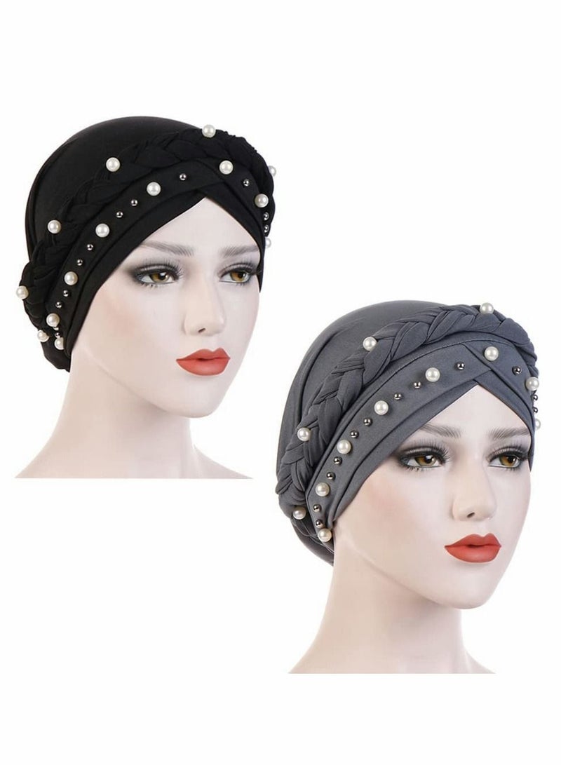 Y&D Women's Bandana Beaded Braided Hat Head Scarf Cancer for Women Chemotherapy Beanie Headwear 2Pcs  - Image 2