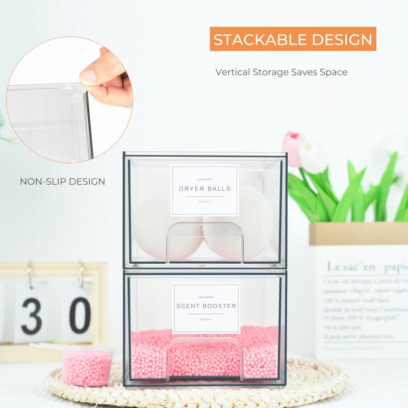 Rolheit 2 Pack Laundry Room Organization Storage Drawers with Labels, Clear Stackable Dryer Sheet Holder and Pod Containers, Detergent Dispenser for Laundry Room Organizing and Decor - Image 4