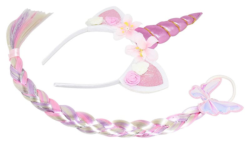 FAVELA Unicorn Headband with Rainbow Hair for Girls | Cute Unicorn Hairband with Cat Ears and Flowers | Small Kids Hair Accessories Set Ideal for Party, Photo and Birthday Decoration (Pink) - Image 4
