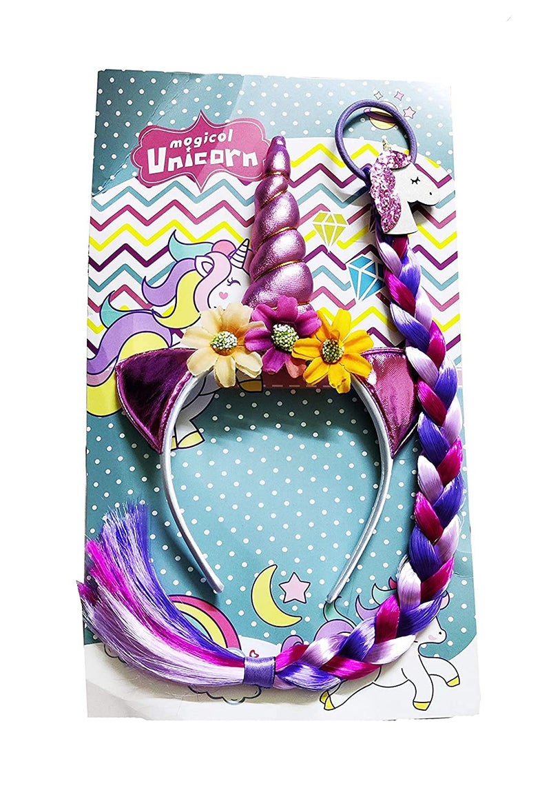 FAVELA Unicorn Headband with Rainbow Hair for Girls | Cute Unicorn Hairband with Cat Ears and Flowers | Small Kids Hair Accessories Set Ideal for Party, Photo and Birthday Decoration (Pink) - Image 2
