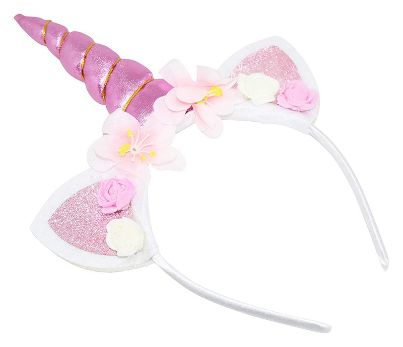 FAVELA Unicorn Headband with Rainbow Hair for Girls | Cute Unicorn Hairband with Cat Ears and Flowers | Small Kids Hair Accessories Set Ideal for Party, Photo and Birthday Decoration (Pink) - Image 5