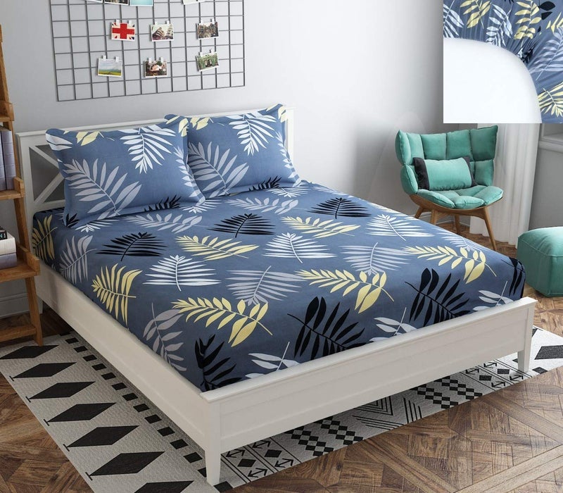 SpangleHomes Soft Glace Cotton Floral Grey Leaves Elastic Fitted Double Bedsheet with 2 Large Pillow Covers - Image 1