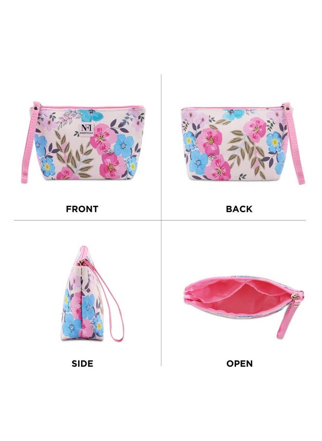 NFI essentials NFI essentials Pu Floral Print Makeup Pouch for Women, Small Stylish Pouches for Makeup Accessories & Travel Organiser Cosmetic Pouch (Y39), Pink  - Image 2