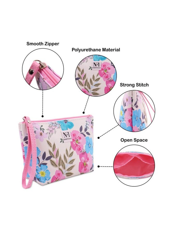 NFI essentials NFI essentials Pu Floral Print Makeup Pouch for Women, Small Stylish Pouches for Makeup Accessories & Travel Organiser Cosmetic Pouch (Y39), Pink  - Image 5