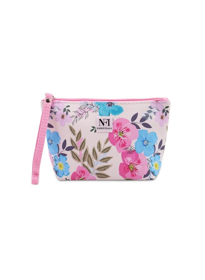 NFI essentials NFI essentials Pu Floral Print Makeup Pouch for Women, Small Stylish Pouches for Makeup Accessories & Travel Organiser Cosmetic Pouch (Y39), Pink  - Image 1