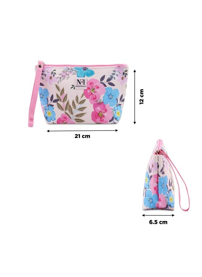 NFI essentials NFI essentials Pu Floral Print Makeup Pouch for Women, Small Stylish Pouches for Makeup Accessories & Travel Organiser Cosmetic Pouch (Y39), Pink  - Image 4