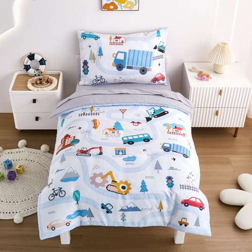 NacoMoco 4-Piece Cars Toddler Bedding Set for Boys Girls- Soft & Skin Friendly Toddler Bed Set Includes Toddler Comforter, Flat Sheet, Fitted Sheet and Pillowcase (Light Blue) - Image 2