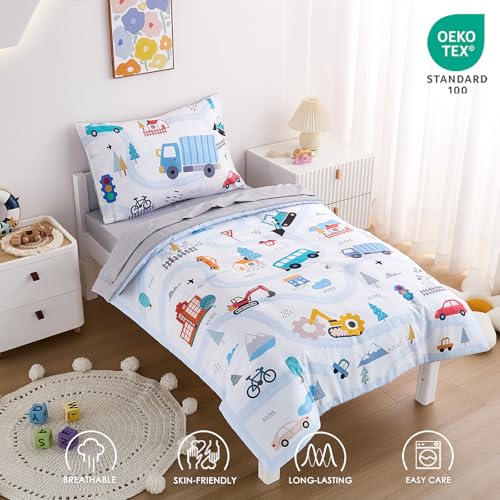 NacoMoco 4-Piece Cars Toddler Bedding Set for Boys Girls- Soft & Skin Friendly Toddler Bed Set Includes Toddler Comforter, Flat Sheet, Fitted Sheet and Pillowcase (Light Blue) - Image 3