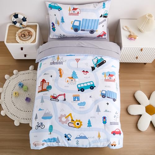 NacoMoco 4-Piece Cars Toddler Bedding Set for Boys Girls- Soft & Skin Friendly Toddler Bed Set Includes Toddler Comforter, Flat Sheet, Fitted Sheet and Pillowcase (Light Blue) - Image 1