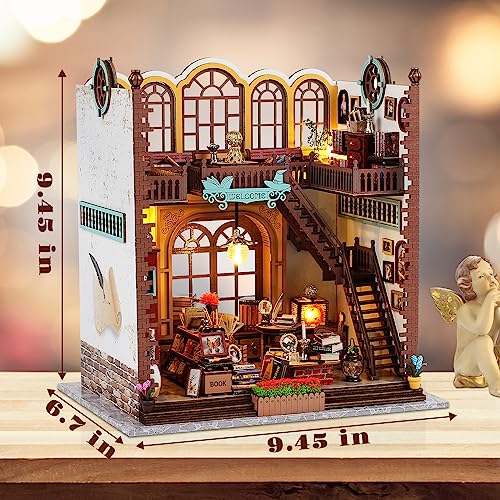 Quanquer Miniature House Kit: Magic Book Store Book Nook with Furniture and LED Light - DIY Kits for Adults - Wooden Doll House - Great Handmade Craft Model - Tiny House Decor Ideal Gifts - Image 2