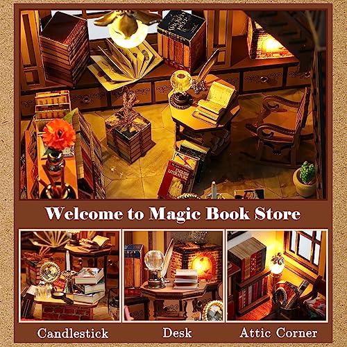 Quanquer Miniature House Kit: Magic Book Store Book Nook with Furniture and LED Light - DIY Kits for Adults - Wooden Doll House - Great Handmade Craft Model - Tiny House Decor Ideal Gifts - Image 5
