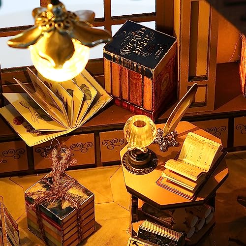 Quanquer Miniature House Kit: Magic Book Store Book Nook with Furniture and LED Light - DIY Kits for Adults - Wooden Doll House - Great Handmade Craft Model - Tiny House Decor Ideal Gifts - Image 4