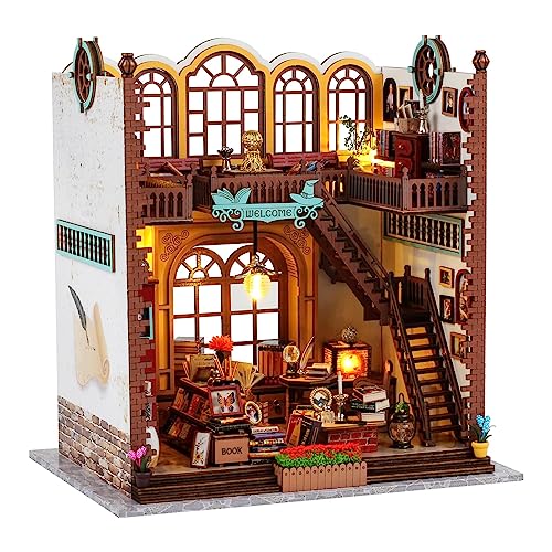 Quanquer Miniature House Kit: Magic Book Store Book Nook with Furniture and LED Light - DIY Kits for Adults - Wooden Doll House - Great Handmade Craft Model - Tiny House Decor Ideal Gifts - Image 1
