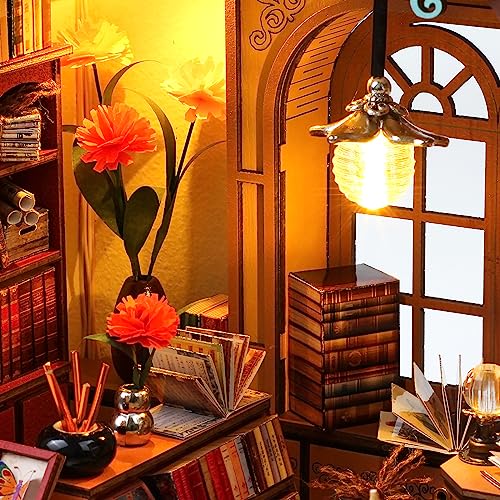 Quanquer Miniature House Kit: Magic Book Store Book Nook with Furniture and LED Light - DIY Kits for Adults - Wooden Doll House - Great Handmade Craft Model - Tiny House Decor Ideal Gifts - Image 3