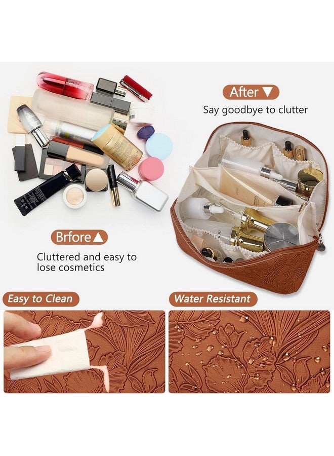 AB SALES Travel Makeup Bag for Women - Large Capacity Cosmetic Organizer with Divider and Handle, Waterproof Portable Toiletry Bag, Opens Flat for Easy Access, Leather Flower Design - 9.25"x4.13"x4.33" (Brown) - Image 2