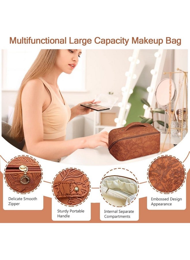 AB SALES Travel Makeup Bag for Women - Large Capacity Cosmetic Organizer with Divider and Handle, Waterproof Portable Toiletry Bag, Opens Flat for Easy Access, Leather Flower Design - 9.25"x4.13"x4.33" (Brown) - Image 5