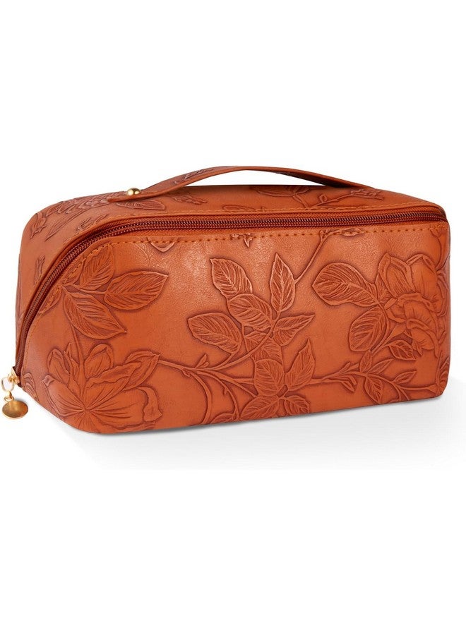 AB SALES Travel Makeup Bag for Women - Large Capacity Cosmetic Organizer with Divider and Handle, Waterproof Portable Toiletry Bag, Opens Flat for Easy Access, Leather Flower Design - 9.25"x4.13"x4.33" (Brown) - Image 1