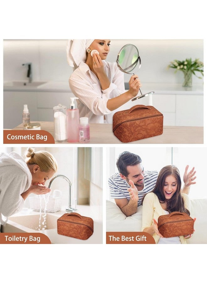 AB SALES Travel Makeup Bag for Women - Large Capacity Cosmetic Organizer with Divider and Handle, Waterproof Portable Toiletry Bag, Opens Flat for Easy Access, Leather Flower Design - 9.25"x4.13"x4.33" (Brown) - Image 4