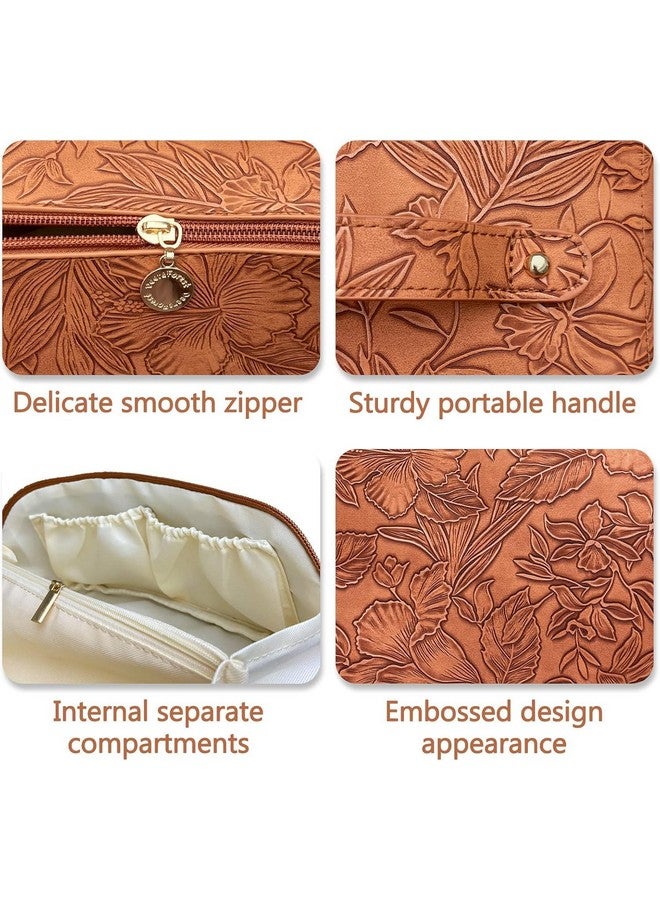 AB SALES Travel Makeup Bag for Women - Large Capacity Cosmetic Organizer with Divider and Handle, Waterproof Portable Toiletry Bag, Opens Flat for Easy Access, Leather Flower Design - 9.25"x4.13"x4.33" (Brown) - Image 3