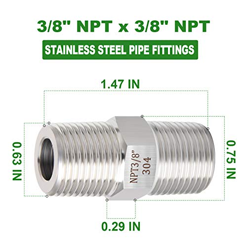 TAISHER 5PCS 304 Stainless Steel Hex Nipple, Pipe Fitting 3/8-Inch Male Pipe x 3/8-Inch Male Pipe - Image 4