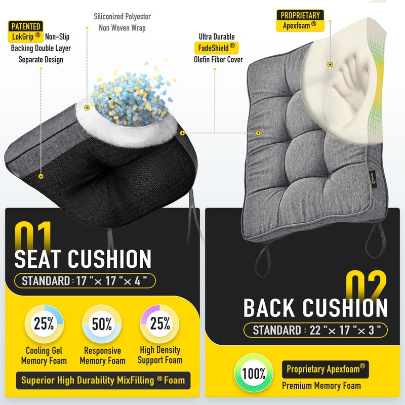 SUNROX Memory Foam Non Slip Rocking Chair Cushion, FadeShield Water Resistant Thicken Durable Tufted Pads, Set of Seat & Back Cushion with Ties for Indoor/Outdoor Rocker, 2 Piece, Heather Charcoal - Image 2