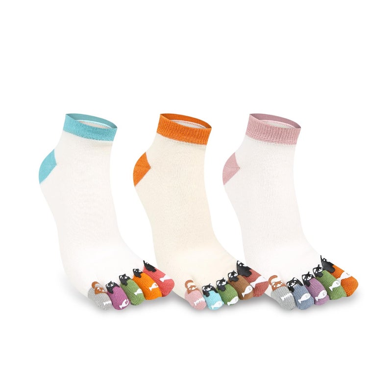 Benefeet Sox جوارب Benefeet Sox النسائية للبنات، جوارب أصابع مرحة ومبتكرة، ملونة ومرحة، بتصميم ثلاثي الأبعاد لقطط كرتونية، مصنوعة من القطن، هدية، 3 أزواج، قطة سوداء وسمكة - Image 1